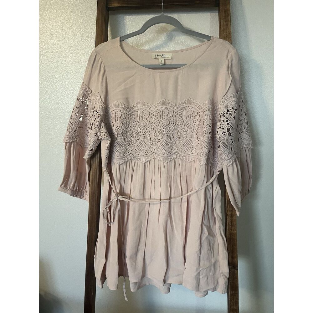 Jessica Simpson Maternity Light Pink Crochet Tie 3/4 Sleeve Tunic Blouse L